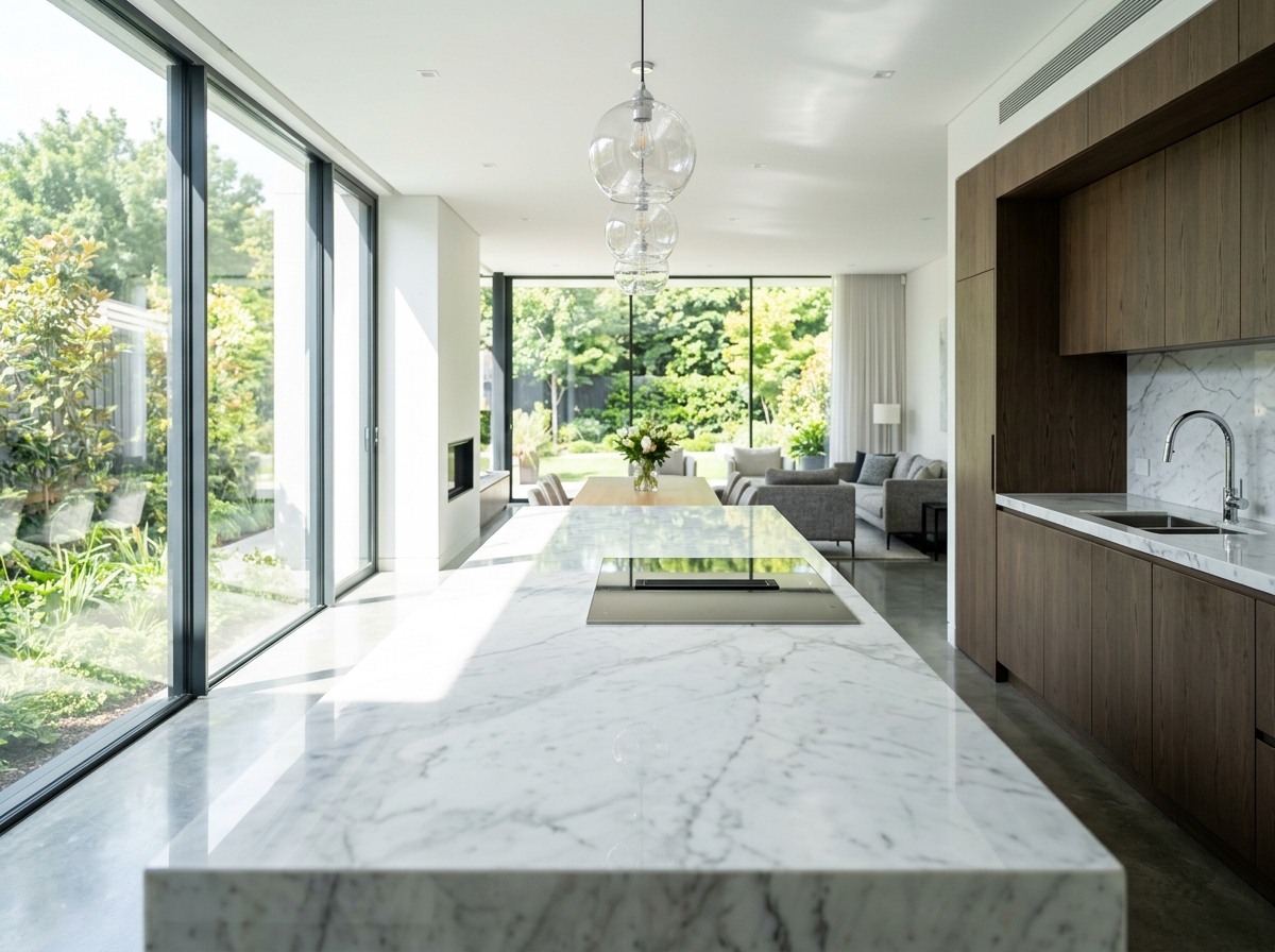 Pristine modern kitchen and living space with gleaming marble island