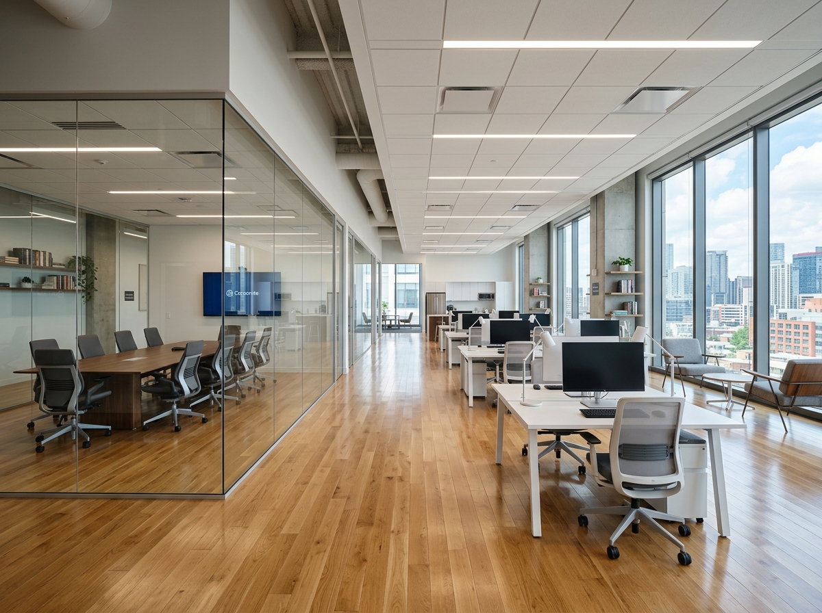 Spotless commercial office and conference room with floor-to-ceiling glass