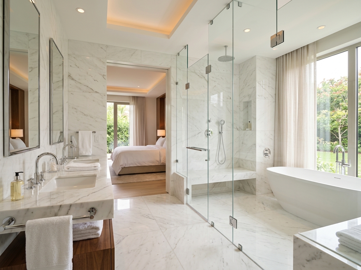 Immaculate luxury bathroom and master suite with gleaming polished marble